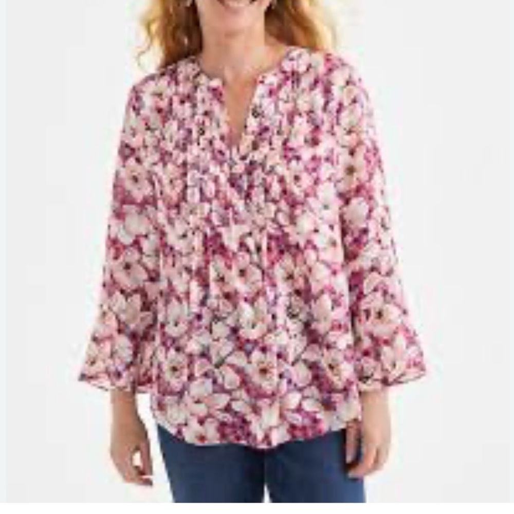 Style & Co Women’s Pink White Printed Pintuck Ruffle Sleeve Top PXL